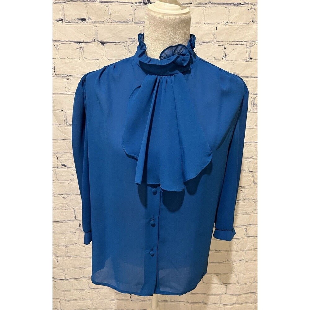 Vintage Touché Paris New York Long Sleeve Ruffle Neck Button Down Top XL